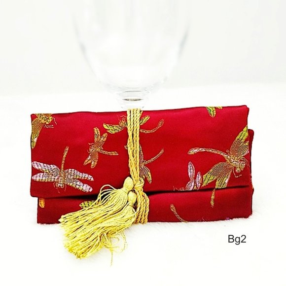 Red Brocade Jewelry Organizer Roll Bag Travel Jewel Pouch Woven Dragonfly Large - Picture 1 of 11